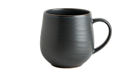 A close up of a dark gray ceramic mug with a handle on a black background in a studio setting
