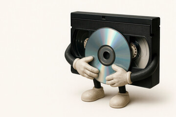 The videotape embraces the disc, the conflict of eras. Space for text.