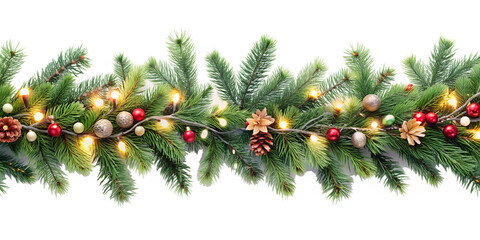 A christmas garland of fir branches and ornaments with lights isolated on transparent background creates a warm holiday feeling