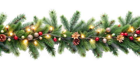 A christmas garland of fir branches and ornaments with lights isolated on transparent background creates a warm holiday feeling