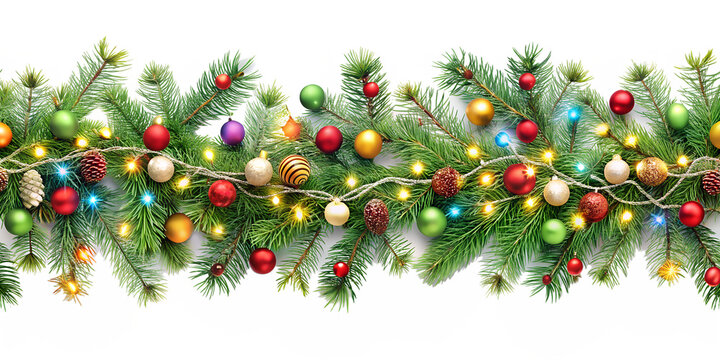 A christmas garland of fir branches and ornaments with lights isolated on transparent background creates a festive holiday scene