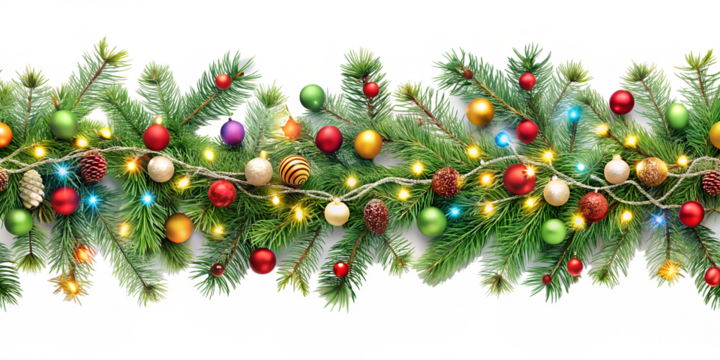 A christmas garland of fir branches and ornaments with lights isolated on transparent background creates a festive holiday scene