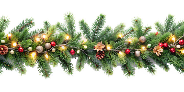 A christmas garland of fir branches and ornaments with lights isolated on transparent background creates a warm holiday feeling