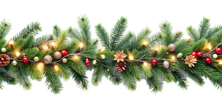 A christmas garland of fir branches and ornaments with lights isolated on transparent background creates a warm holiday feeling - Powered by Adobe