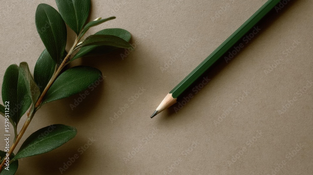 Poster Close-up of a green pencil resting on a beige background. the pencil has a pointed tip and is lying on the right side of the image. on the left side, there is a branch of a plant with green leaves.