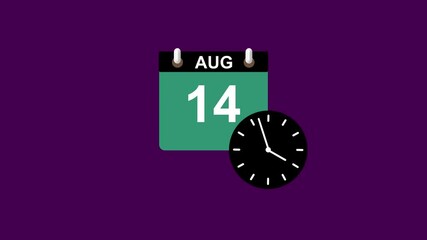 August month 14 date calendar icon clock white color animation 4k video. 