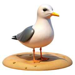 3D Cute cartoon seagull standing on a sandy beach isolated on transparent background