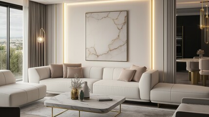 Contemporary living room interior design with white and gold accents.