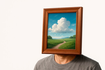 Fototapeta premium A person's face replaced by a landscape painting. Space for text.