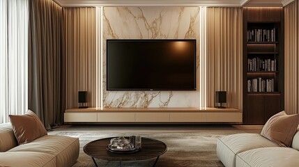 Modern living room with TV on textured thermo wall, soft ambient lighting, neutral-tone sofas, and long curtains creating a cozy and elegant atmosphere.