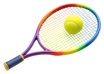 A vibrant rainbow colored tennis racket with a yellow ball is isolated on transparent background, ready for a fun and energetic game