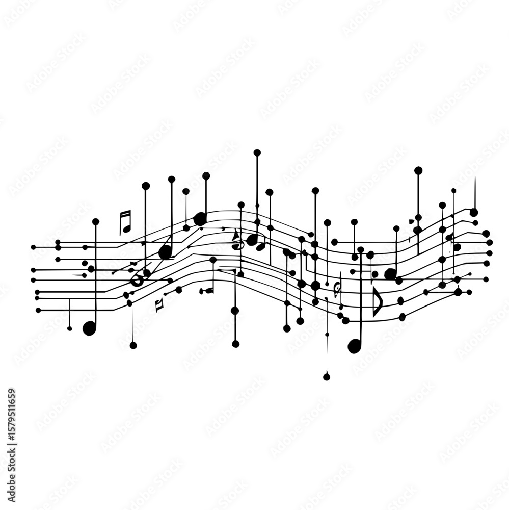 Poster abstract musical staff with black notes and lines creating a flowing and rhythmic visual composition