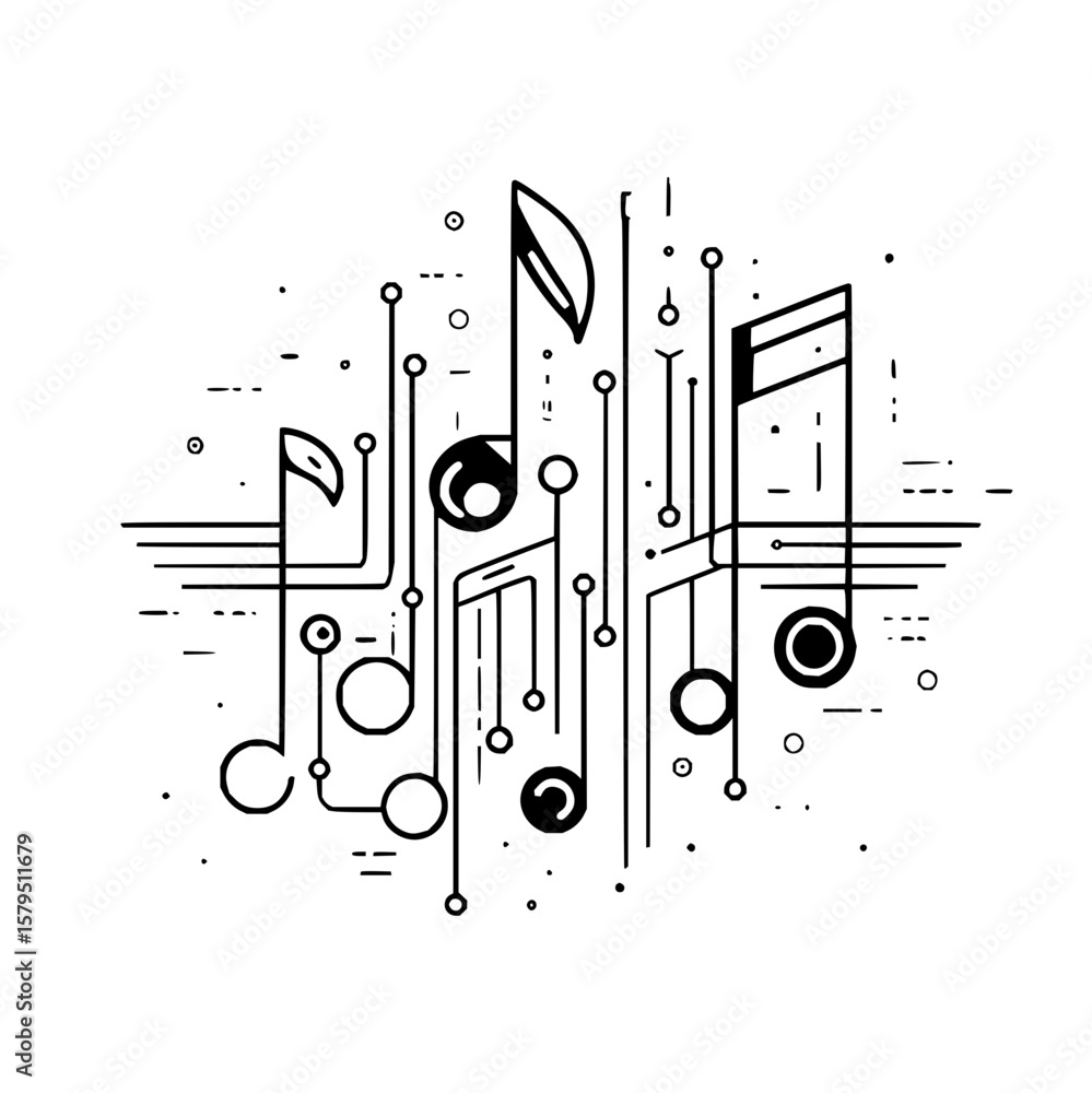 Poster abstract musical notes connected by lines and circles in a modern minimalist black and white design 