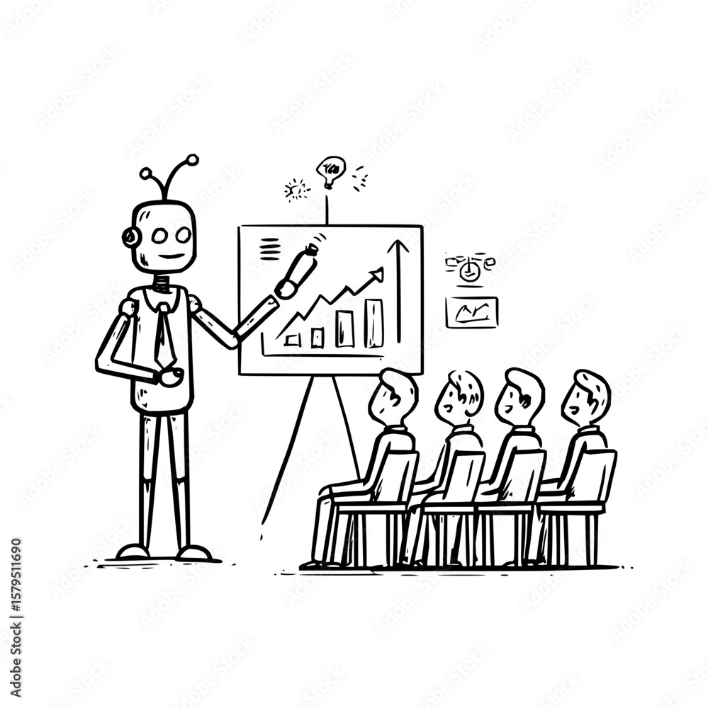 Poster a robot presenting a graph on a whiteboard to a group of people sitting in chairs in a classroom set