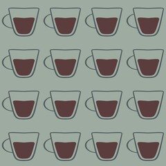 Coffee cups are arranged in a grid pattern, each outlined in dark blue with a brown fill resembling coffee. The background is a muted light blue, enhancing the minimalist style.