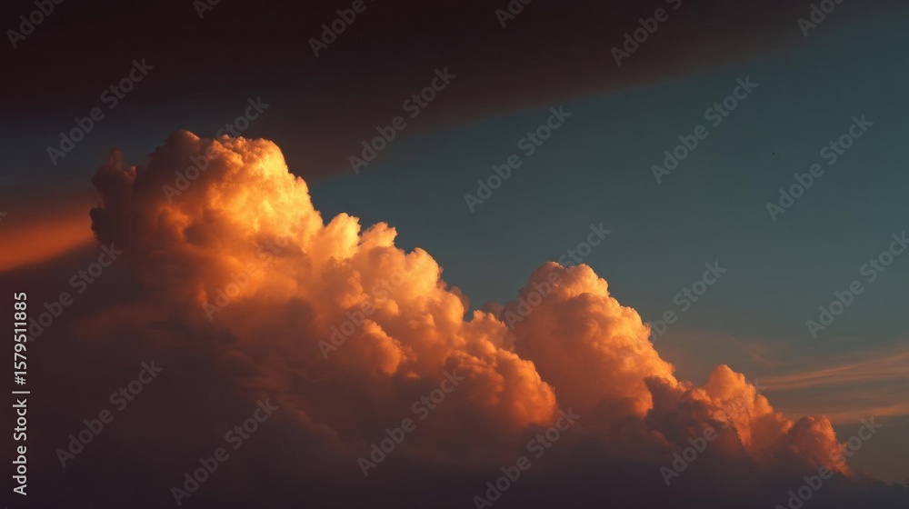 Poster photograph of a large cloud in the sky. the cloud is in the center of the image and is illuminated b