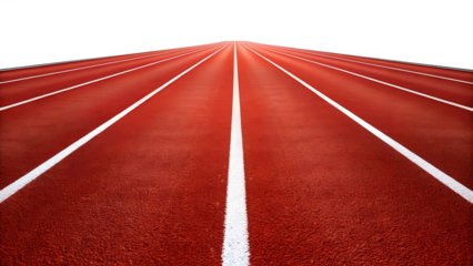 A vibrant red running track stretches into the distance with crisp white lines marking each lane, inviting athletes to test their speed and endurance isolated on transparent background