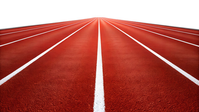 A vibrant red running track stretches into the distance with crisp white lines marking each lane, inviting athletes to test their speed and endurance isolated on transparent background