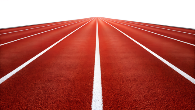 A vibrant red running track stretches into the distance with crisp white lines marking each lane, inviting athletes to test their speed and endurance isolated on transparent background