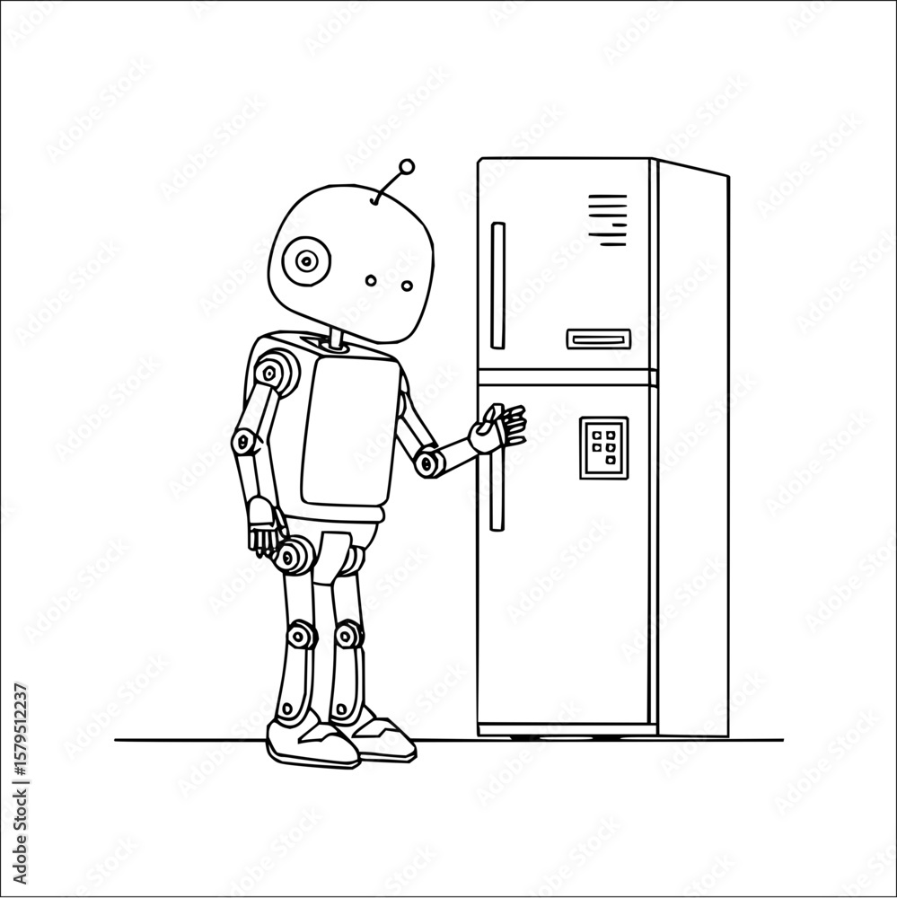 Poster a line drawing of a robot opening a refrigerator with a handle and a control panel in a white backgr