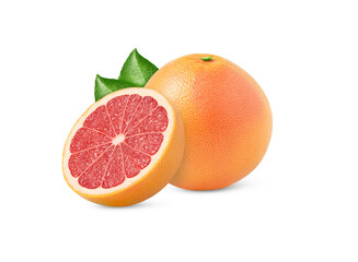 Grapefruit fruit and a cut in a half isolated with leaf. Citrus fruit with clipping path.