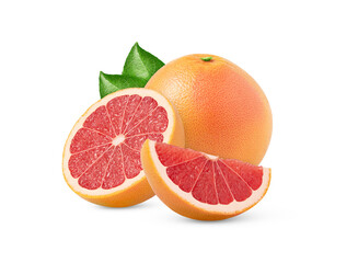 Whole grapefruit fruit and a half isolated. Citrus fruit with slice.