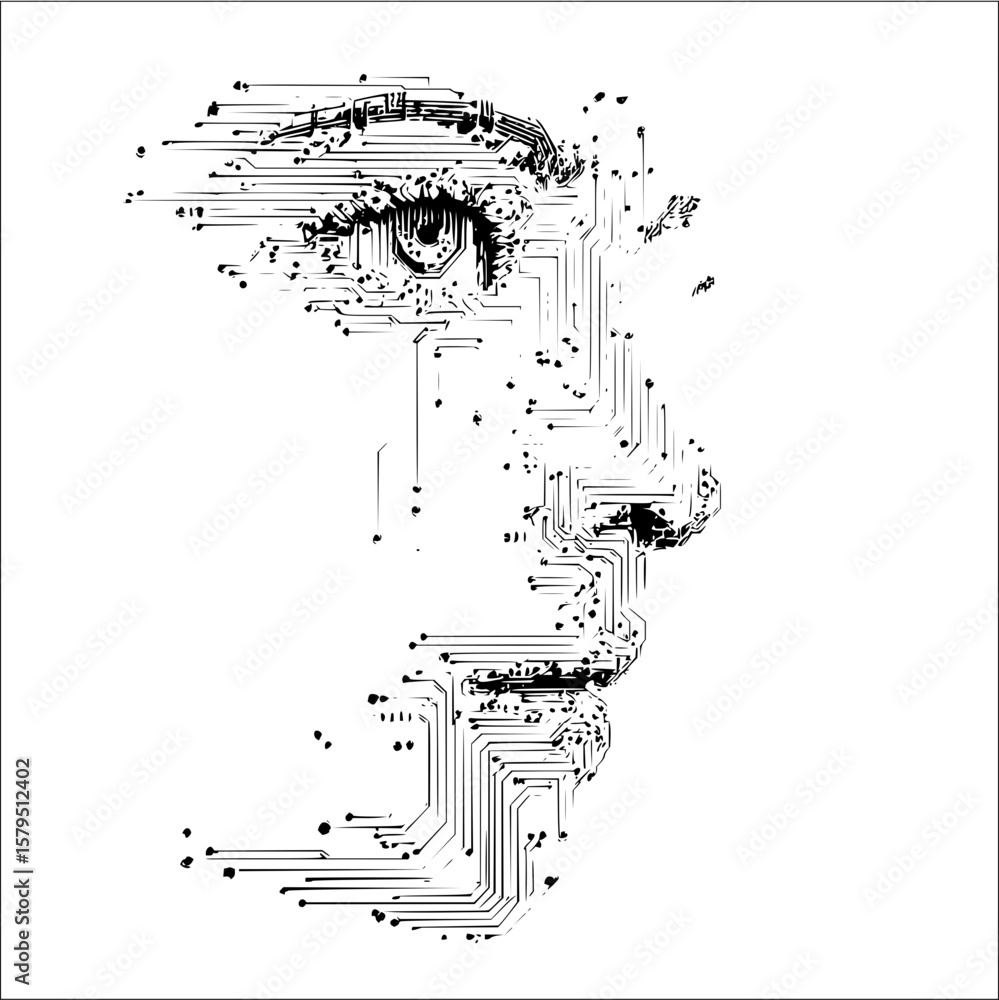 Poster abstract monochrome face composed of circuit board elements on a white background design style art