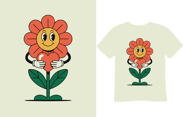 Retro Flower Holding Heart - T-shirt Design