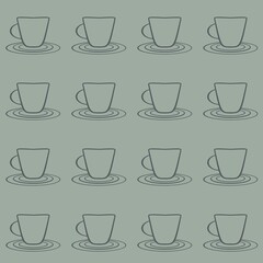 Obraz premium A repetitive pattern of simple line drawings of teacups on saucers is set against a muted green background. The cups are evenly spaced and aligned in a grid.