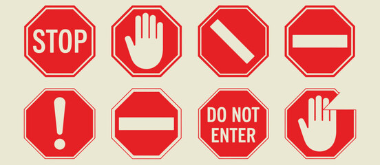 Collection of red octagon traffic signs including stop do not enter and hand symbols