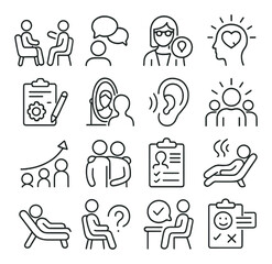 Therapy process icon collection, mental health symbols. counseling and wellness set