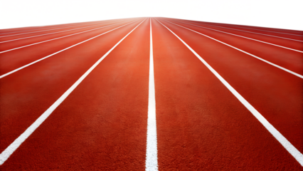 A red running track with white lines stretching into the distance, isolated on transparent background