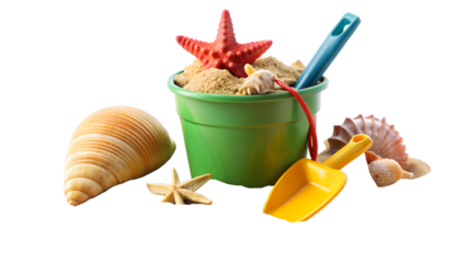 A green bucket filled with sand, seashells, and a starfish, surrounded by beach toys isolated on transparent background