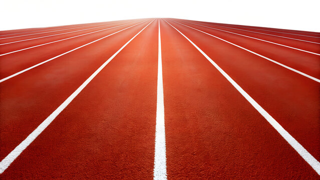 A red running track with white lines stretching into the distance, isolated on transparent background