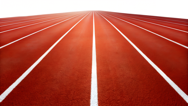 A red running track with white lines stretching into the distance, isolated on transparent background - Powered by Adobe