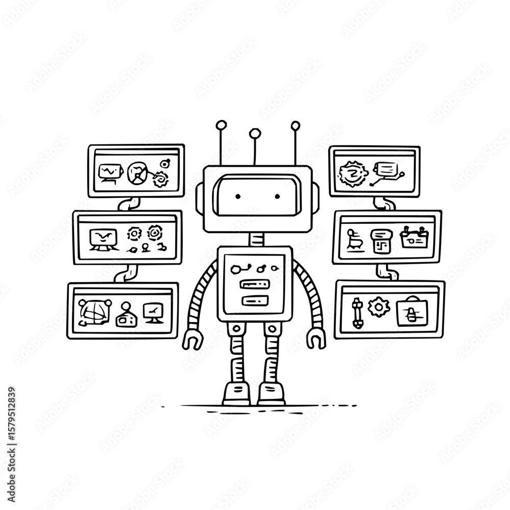 Aufkleber doodle style robot surrounded by screens displaying various icons and symbols in black and white art