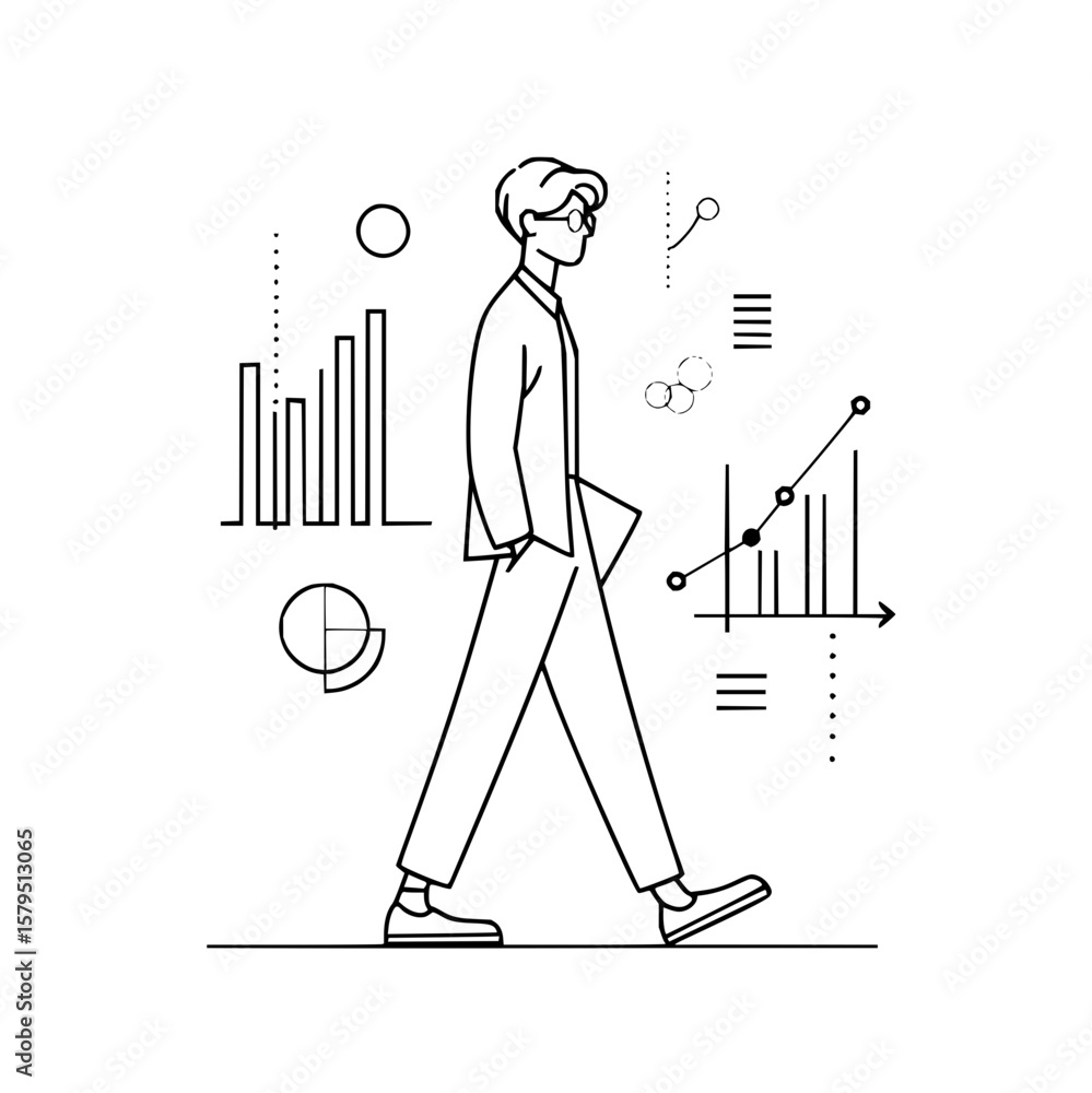 Poster man in suit walking with business graphs and charts in background in black and white line drawing st
