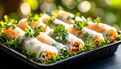 Wrapping Fried Spring Rolls Nem Rán in Leaf Wraps. Traditional Vietnamese Street Food