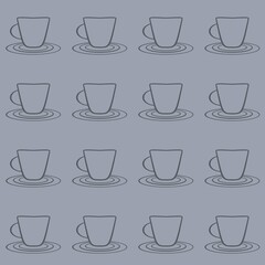 Fototapeta premium A repeating pattern of outlined teacups and saucers is arranged evenly across a muted purple background. The minimalist design creates a seamless and uniform look.