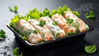 Wrapping Fried Spring Rolls Nem Rán in Leaf Wraps. Traditional Vietnamese Street Food