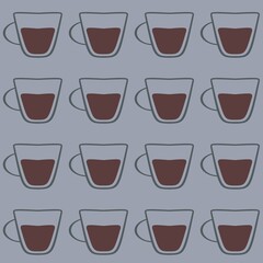 Rows of simple, hand-drawn coffee cups are filled with a brown liquid against a light blue background. The repeating pattern creates a uniform and modern design.