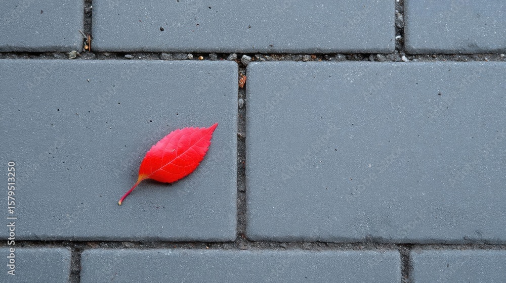 Poster single red leaf lying on a gray pavement. the leaf is in the center of the image and is facing towar
