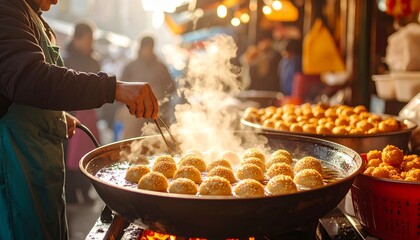 Frying Golden Bánh Cam Balls in Wok. Traditional Vietnamese Street Food