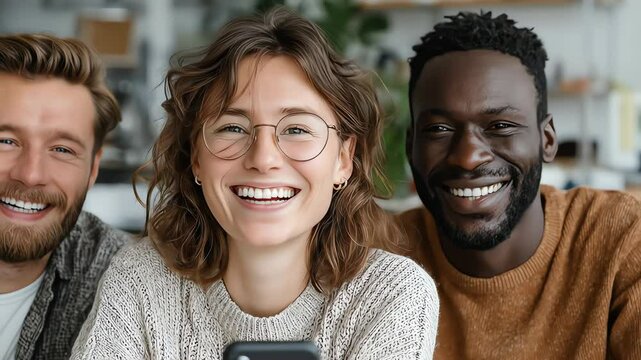 Three smiling people two men and one woman with glasses pose close together indoors