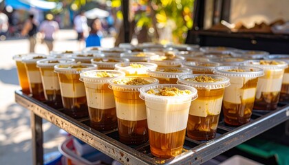 Scooping Tofu Pudding Tào Phớ into Plastic Cups. Traditional Vietnamese Street Food