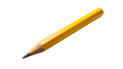 A yellow pencil with a graphite tip is isolated on transparent background, ready for writing or drawing