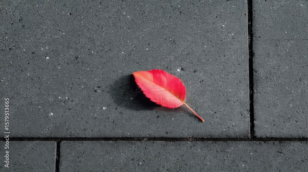 Poster Single red leaf lying on a black pavement. the leaf is in the center of the image and is facing towards the right side of the frame. it appears to be a single leaf with a pointed tip and a thin stem.