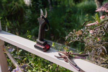 Garden electric pruner or battery pruner. Gardening tools are lying on wooden surface. Electric pruner for pruning bushes, flowers and small branches. A tool for gardeners and landscape designers.