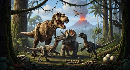 Prehistoric jungle scene with diverse dinosaurs, a volcano, and dinosaur eggs.