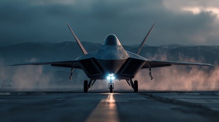 A fighter jet, featuring advanced design and aerospace engineering technology, a night vision camera, and red lights on the wings. Ready for takeoff from a foggy airfield. A concept of military power.